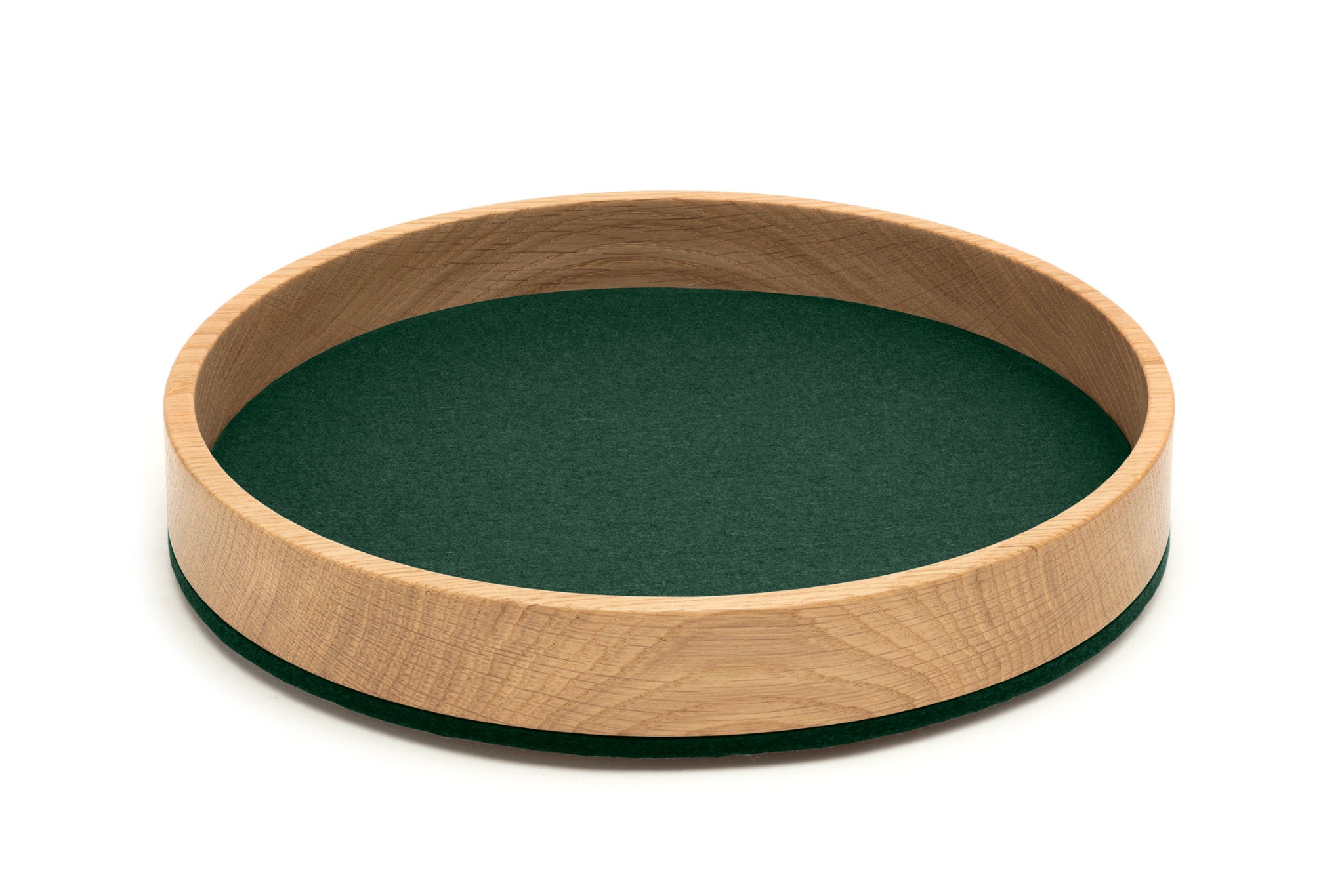 Rundes Tablett Bowl M von Hey-Sign aus Eichenholz und Wollfilz in der Farbe Deep Forest