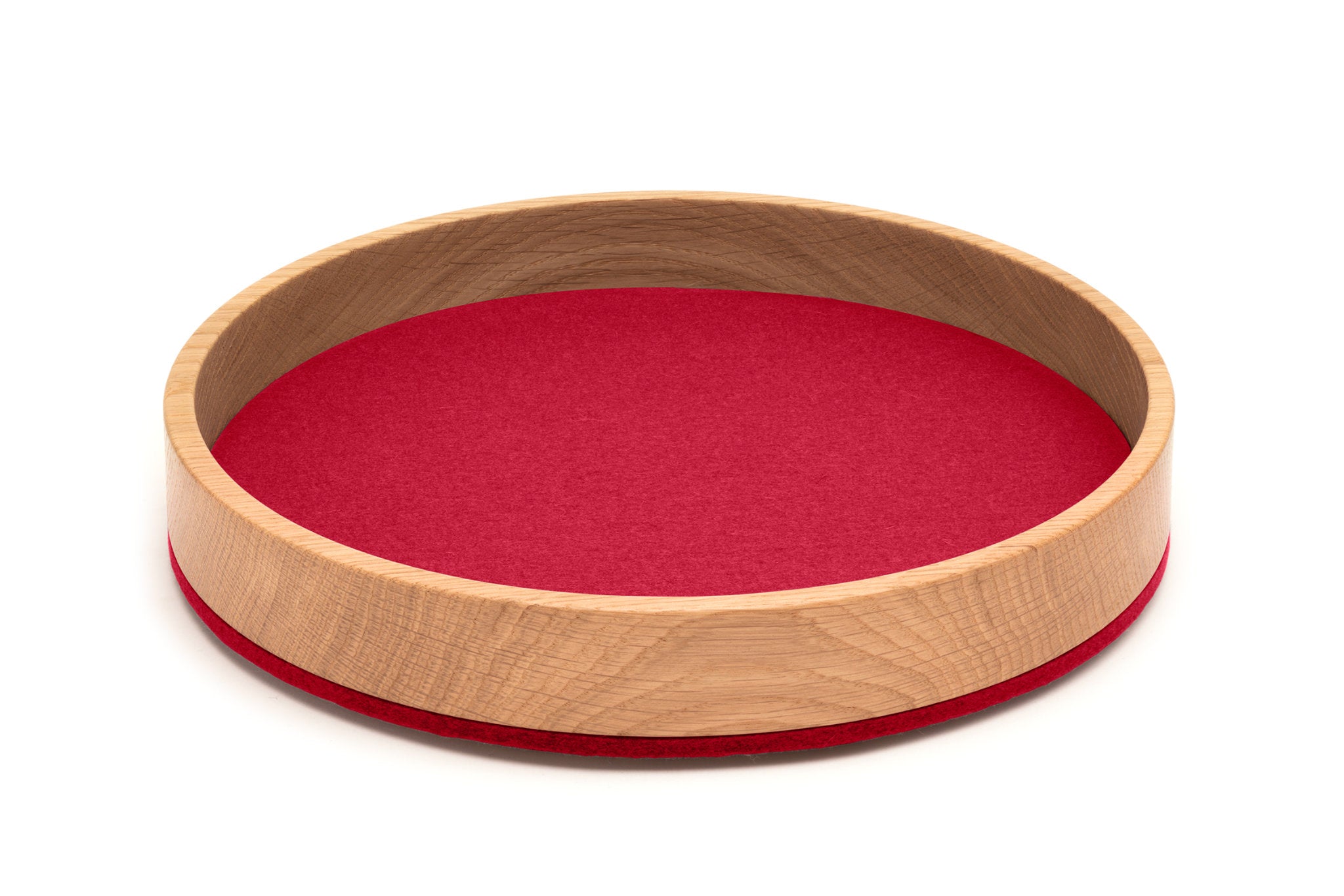 Rundes Tablett Bowl M von Hey-Sign aus Eichenholz und Wollfilz in der Farbe Mohnrot