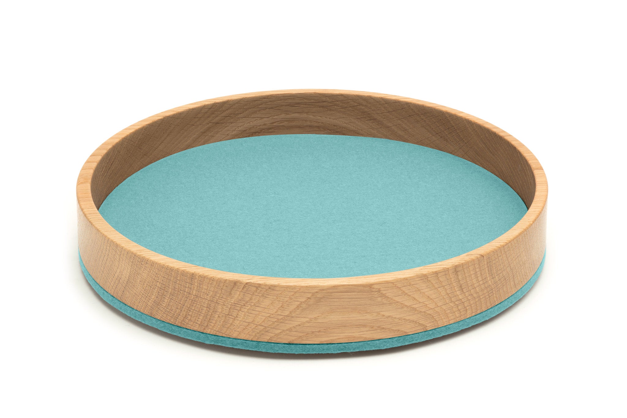 Rundes Tablett Bowl M von Hey-Sign aus Eichenholz und Wollfilz in der Farbe Pastelltürkis