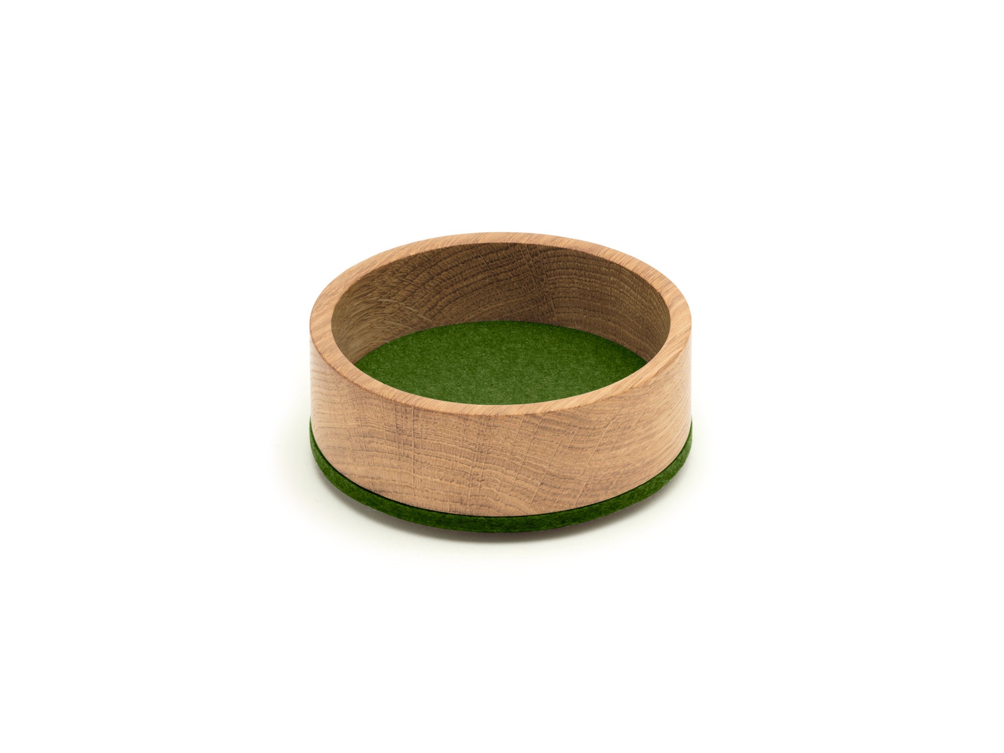 Rundes Tablett Bowl S von Hey-Sign aus Eichenholz und Wollfilz in der Farbe Olive